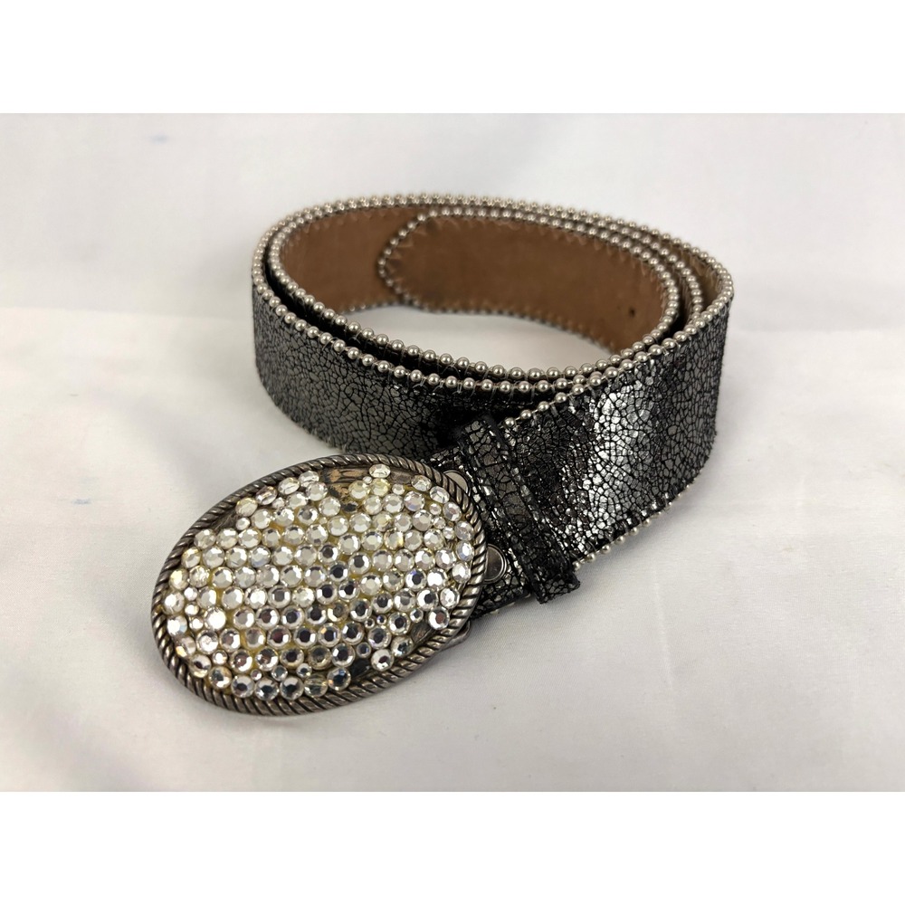 BB Simon Rhinestone Belt Black Leather Crystal Studded Western Glam L